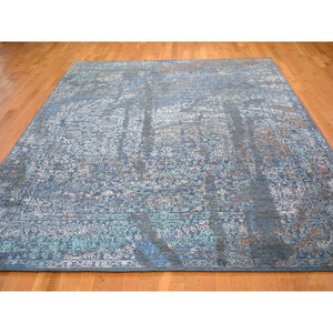 9'x12' Blue Erased Persian Design Wool And Silk Hand Knotted Oriental Rug FWR354342