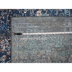 9'x12' Blue Erased Persian Design Wool And Silk Hand Knotted Oriental Rug FWR354342