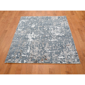 4'x6' Gray Abstract Design Wool And Silk Hi-low Pile Denser Weave Hand Knotted Oriental Rug FWR354492