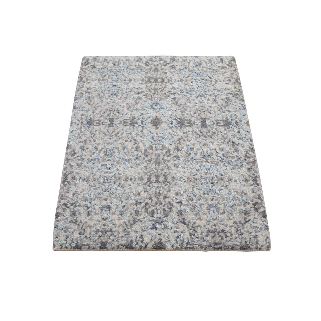 2'x3' Gray Wool And Silk Abstract Design Hand Knotted Oriental Rug FWR354780