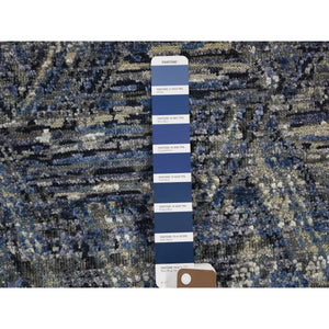 8'9"x12'3" The Interwined Triangles, Blue Silk With Textured Wool Hand Knotted Oriental Rug FWR354840