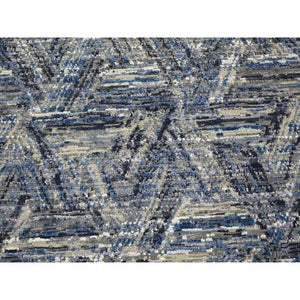 8'9"x12'3" The Interwined Triangles, Blue Silk With Textured Wool Hand Knotted Oriental Rug FWR354840