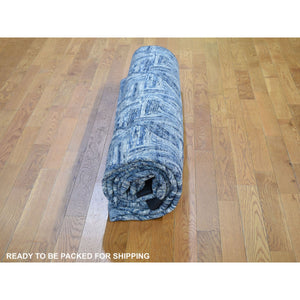 8'9"x12'3" The Interwined Triangles, Blue Silk With Textured Wool Hand Knotted Oriental Rug FWR354840