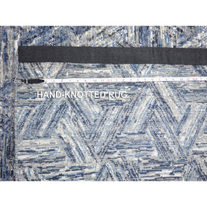 8'9"x12'3" The Interwined Triangles, Blue Silk With Textured Wool Hand Knotted Oriental Rug FWR354840