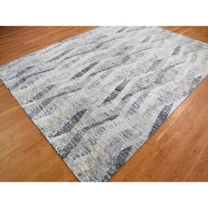 9'x12' Dimensional Curtains Gray Silk With Textured Wool Hand Knotted Oriental Rug FWR354864