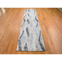 Load image into Gallery viewer, 3&#39;x12&#39; Dimensional Curtains Gray Silk With Textured Wool Hand Knotted Runner Oriental Rug FWR354972
