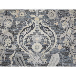 8'10"x12'2" Gray Tulip And Large Blossom Design Pure Silk With Textured Wool Hand Knotted Oriental Rug FWR355332