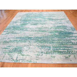 8'10"x12' Sari Silk With Textured Wool Green Erased Chevron Design Oriental Rug FWR355344