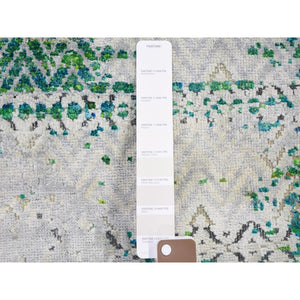 8'10"x12' Sari Silk With Textured Wool Green Erased Chevron Design Oriental Rug FWR355344