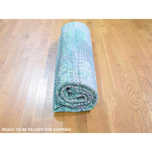 8'10"x12' Sari Silk With Textured Wool Green Erased Chevron Design Oriental Rug FWR355344