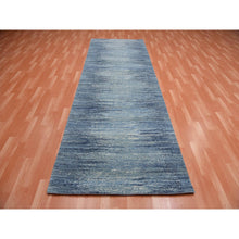 Load image into Gallery viewer, 2&#39;6&quot;x8&#39;4&quot; Blue with Touches of Ivory Horizontal Ombre Design Pure Wool Runner Hand Knotted Oriental Rug FWR355416