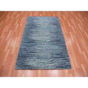 6'x8'10" Blue With Touches Of Ivory Horizontal Ombre Design Pure Wool Hand Knotted Oriental Rug FWR355536