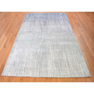 6'x8'10" Gray Vertical Ombre Design Pure Silk Hand Knotted Oriental Rug FWR355542