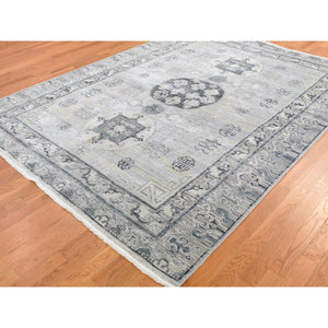 7'9"x9'10" Pure Silk With Textured Wool Khotan Design Hand Knotted Oriental Rug FWR355566