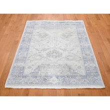 Load image into Gallery viewer, 4&#39;x6&#39;2&quot; Hand Knotted Pure Silk And Textured Wool Oushak With Geometric Motif Oriental Rug FWR355650