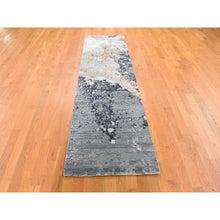 Load image into Gallery viewer, 2&#39;6&quot;x10&#39; Gray Dense Weave Abstract Design Wool And Silk Hand Knotted Runner Oriental Rug FWR356088