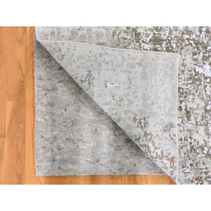 2'6"x12'1" Gray Dense Weave Abstract Design Wool And Silk Hi-low Pile Hand Knotted Runner Oriental Rug FWR356094