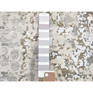 2'6"x12'1" Gray Dense Weave Abstract Design Wool And Silk Hi-low Pile Hand Knotted Runner Oriental Rug FWR356094