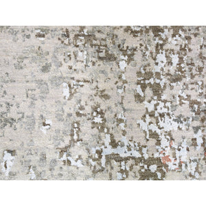 2'6"x12'1" Gray Dense Weave Abstract Design Wool And Silk Hi-low Pile Hand Knotted Runner Oriental Rug FWR356094