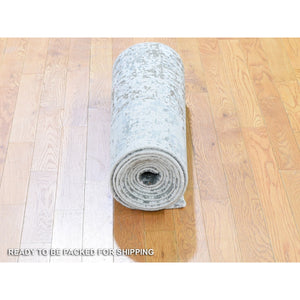 2'6"x12'1" Gray Dense Weave Abstract Design Wool And Silk Hi-low Pile Hand Knotted Runner Oriental Rug FWR356094