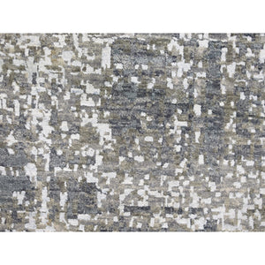 2'5"x12'1" Ivory Dense Weave Abstract Design Wool And Silk Hand Knotted Runner Oriental Rug FWR356124