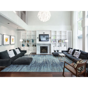10'1"x14'1" Blue Oceanic Pure Wool Horizontal Ombre Design Hand Knotted Oriental Rug FWR356136