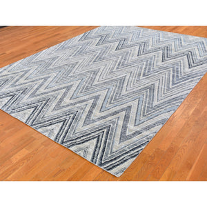 8'9"x12'2" Ivory Chevron Design Textured Wool And Pure Silk Hand Knotted Oriental Rug FWR356622