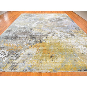 12'x18'2" Oversized Gray With Gold Abstract Design Denser Weave Wool And Silk Hand Knotted Oriental Rug FWR356628