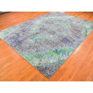 9'x12'6" Greens Diminishing Coins, Sari Silk With Textured Wool Hand Knotted Oriental Rug FWR356754