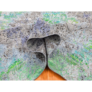 9'x12'6" Greens Diminishing Coins, Sari Silk With Textured Wool Hand Knotted Oriental Rug FWR356754