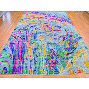 9'10"x13'7" The Lava, Colorful Hand Knotted Sari Silk With Textured Wool Oriental Rug FWR356820