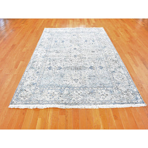 6'x9'3" Ivory Distressed Oushak Pure Silk With Textured Wool Hand Knotted Oriental Rug FWR356868