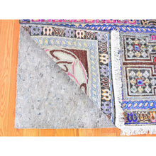 Load image into Gallery viewer, 6&#39;1&quot;x9&#39; Blue Sari Silk With Textured Wool Arts And Crafts Block Design Hand Knotted Oriental Rug FWR356880