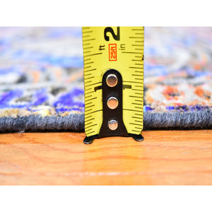6'1"x9' Blue Sari Silk with Textured Wool Arts and Crafts Block Design Hand Knotted Oriental Rug FWR356880