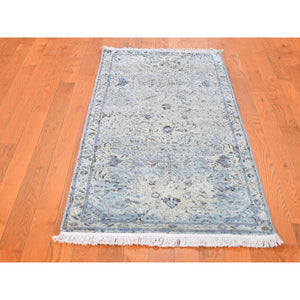 2'5"x5'10" Ivory Distressed Oushak Pure Silk With Textured Wool Hand Knotted Runner Oriental Rug FWR356904