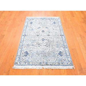 3'x5' Ivory Distressed Oushak Pure Silk with Textured Wool Hand Knotted Oriental Rug FWR357006