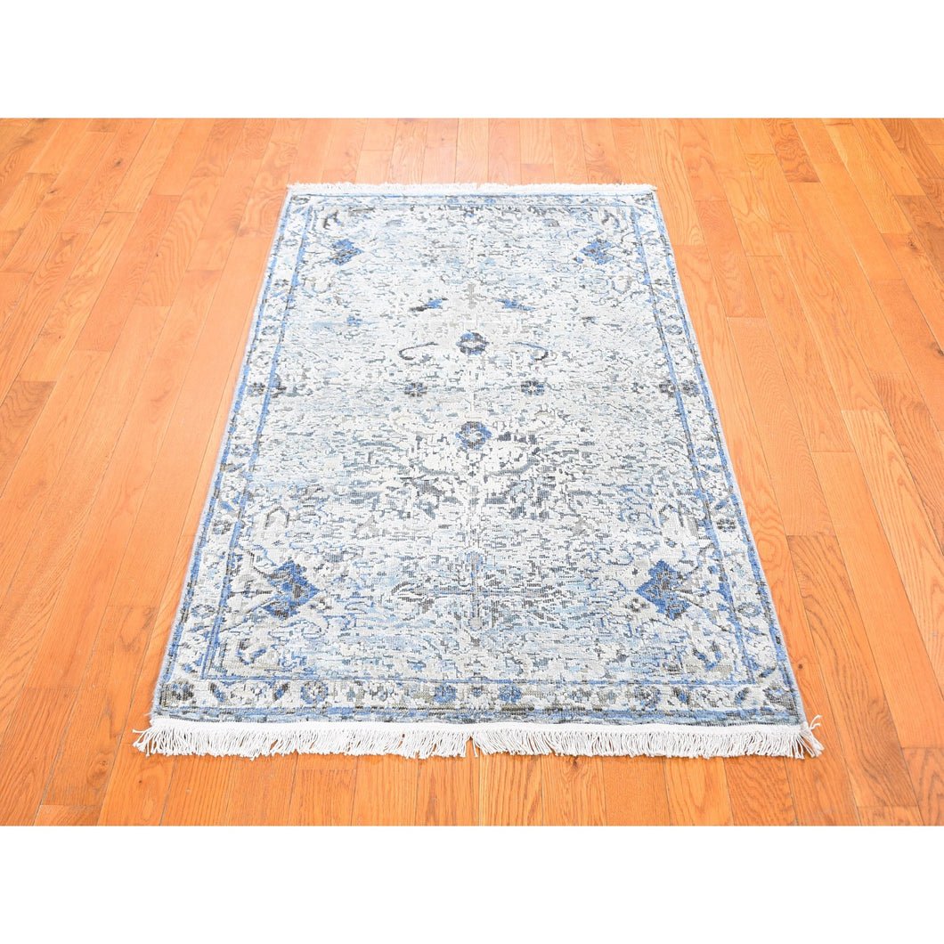 3'x5' Ivory Distressed Oushak Pure Silk with Textured Wool Hand Knotted Oriental Rug FWR357006