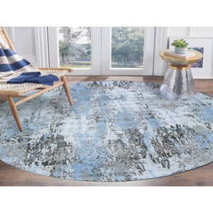 8'1"x8'1" Baby Blue Wool With Real Silk Abstract Design Denser Weave Hi-low Pile Hand Knotted Round Oriental Rug FWR357138