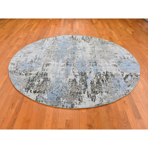 8'1"x8'1" Baby Blue Wool with Real Silk Abstract Design Denser Weave Hi-Low Pile Hand Knotted Round Oriental Rug FWR357138