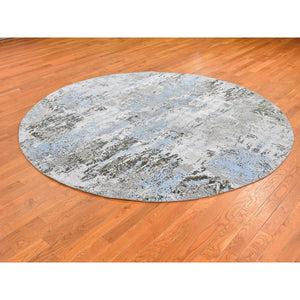 8'1"x8'1" Baby Blue Wool with Real Silk Abstract Design Denser Weave Hi-Low Pile Hand Knotted Round Oriental Rug FWR357138