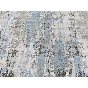 8'1"x8'1" Baby Blue Wool with Real Silk Abstract Design Denser Weave Hi-Low Pile Hand Knotted Round Oriental Rug FWR357138