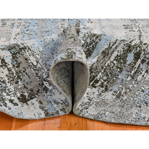 8'1"x8'1" Baby Blue Wool with Real Silk Abstract Design Denser Weave Hi-Low Pile Hand Knotted Round Oriental Rug FWR357138