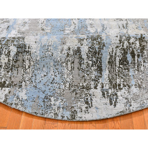 8'1"x8'1" Baby Blue Wool with Real Silk Abstract Design Denser Weave Hi-Low Pile Hand Knotted Round Oriental Rug FWR357138