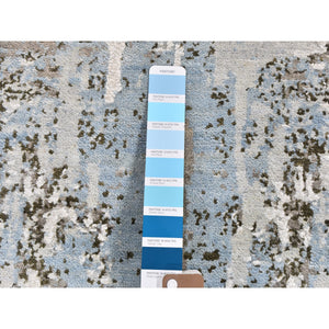 8'1"x8'1" Baby Blue Wool with Real Silk Abstract Design Denser Weave Hi-Low Pile Hand Knotted Round Oriental Rug FWR357138