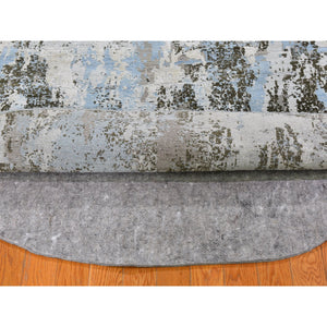 8'1"x8'1" Baby Blue Wool with Real Silk Abstract Design Denser Weave Hi-Low Pile Hand Knotted Round Oriental Rug FWR357138
