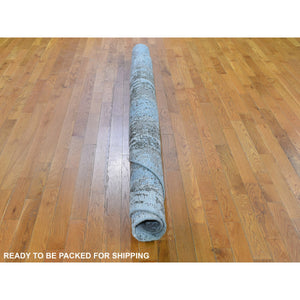 8'1"x8'1" Baby Blue Wool with Real Silk Abstract Design Denser Weave Hi-Low Pile Hand Knotted Round Oriental Rug FWR357138