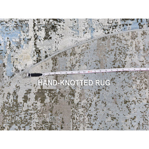 8'1"x8'1" Baby Blue Wool with Real Silk Abstract Design Denser Weave Hi-Low Pile Hand Knotted Round Oriental Rug FWR357138