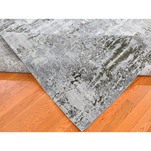 8'x10'2" Ivory Wool With Real Silk Abstract Design Denser Weave Hi-low Pile Hand Knotted Oriental Rug FWR357144