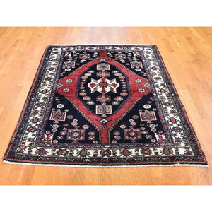 4'6"x6'6" Navy Blue New Persian Mazlagan Pure Wool Hand Knotted Oriental Rug FWR357402