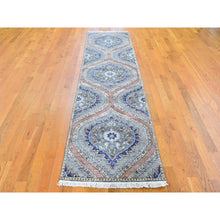 Load image into Gallery viewer, 2&#39;6&quot;x10&#39; Gray Real Silk With Textured Wool Mughal Design Hand Knotted Runner Oriental Rug FWR357420